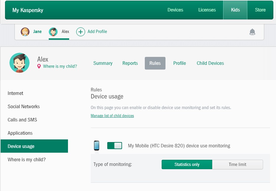 Kaspersky Safe Kids Dashboard